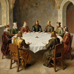 a circular table with multiple kings sitting around it, oil painting, medieval