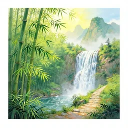 a beautiful painting of bamboo ， waterfall ， sunshine ， trail ， mountains by greg rutkowski and thomas kinkade, trending on artstation