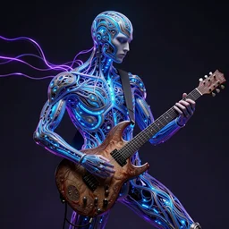guitarist, ornate and intricate, by greg rutkowski, by anton fadeev, by rhads, 4 k, cyber punk style, glowing blue veins, purple glowing wires
