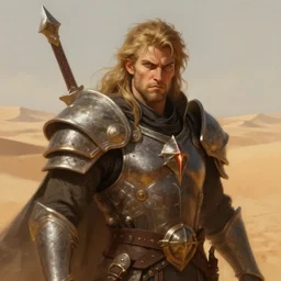a portrait of a paladin in the desert, stern face, dungeons and dragons, digital painting by Gerald Brom, highly detailed