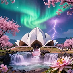 lotus temple on holokalani black beach of maui in royal blue antelope canyon during sakura season on an interstellar aurora borealis with heavy thunder and lightning, pink waterfalls, passion flower, japan theme, by peter mohrbacher, james jean, james gilleard, greg rutkowski, vincent di fate, rule of thirds, octane render, beautiful landscape