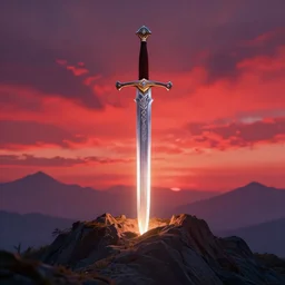 sword implanted onto a mountain, colourful sky, shining blade, brilliant red skies, by sylvain sarrailh, rossdraws, ambient light, ultra detailed, fantasy artwork, 8 k, volumetric lighting, trending on artstation, award winning, very beautiful.