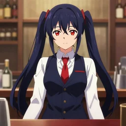 anime drawing of julianne stingray ( from va - 1 1 hall - a ), anime, long dark indigo hair, twin pigtails, bartender, dark navy blue vest, white dress shirt, red tie, red irises, digital art, 8 k, 4 k, masterpiece, portrait, centered, accurate anatomy, trending on artstation, art by christopher ortiz