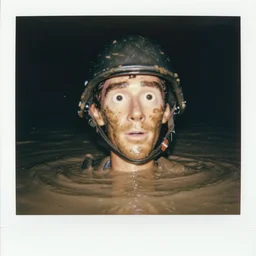 film still, close up, benedict cumberbatch claymation rising out of muddy vietnam river, face covered in mud, combat helmet, low camera angle at water level, night time, film still from apocalypse now ( 1 9 7 9 ), 2 6 mm polaroid polaroid polaroid polaroid polaroid expired expired expired,