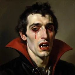 A masterpiece head and shoulders portrait of a vampire with fangs crying tears of red blood by William Adolphe Bouguereau 1n 6