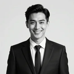 a man in a suit with a creepy smile looking straight at the camera ( black and white photo, greatly illustrated, photo - realistic, high detailed photo, great quality photo, 4 k )