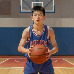 portrait of a boy at a basketball court playing basketball wearing a basketball uniform in a basketball court standing near the basketball hoop, painted in 1776, intense emotion, detailed facial expression, detailed surroundings, intricate, elegant, highly detailed, centered, digital painting, artstation, concept art, smooth, sharp focus, illustration, WLOP