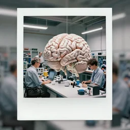 polaroid photo of many engineers working inside a workshop where dreams are manufactured, cerebral interior by moebius in the style of jean giraud