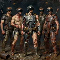 junkys men's in gunfighting, cybertronic gadgets and vr helmet, flesh with technology, durty colours, night, rotten textures, rusty shapes, biotechnology, dariusz zawadzki, tim hildebrandt, wayne barlow, bruce pennington, larry elmore, oil on canvas, deep depth field, masterpiece, cinematic composition, hyper - detailed, hd, hdr