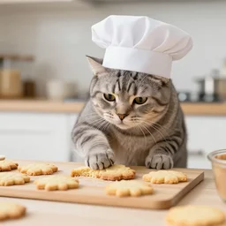cat wearing chefs hat making biscuits