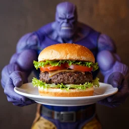 dslr food photograph of a hamburger, thanos holding the plate 8 5 mm f 1. 8