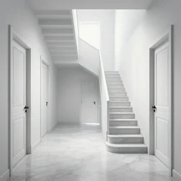 “a disorienting white hallway and staircase with many doors, marble material, confusion, creepy, dimensions, MC Escher architecture, by Junji Ito”