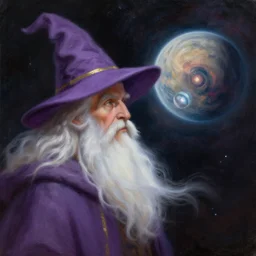 artwork of wizard, white beard, with purple hat with a golden line across his hat whilst in space, on the right side of a distant planet nebula floating behind the planet, lens zoomed in, ethereal motion blur focusing on the wizard, painting