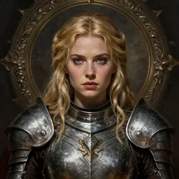 head-on centered symmetrical RPG avatar portrait, Elisha Cuthbert as a holy paladin, blonde hair, ornate steel armour, dramatic cinematic lighting, intricate, wild, highly detailed, digital painting, smooth, sharp focus, illustration, dramatic lighting, establishing shot, book cover, 8k, concept art, artstation, matte painting, in the style of eddie mendoza and artgerm and greg rutkowski
