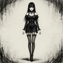 pretty gothic lady wearing a tight black ornated dress and black stockings, fullbody art, drawn by WLOP, by Avetetsuya Studios, anime still, trending on artstation
