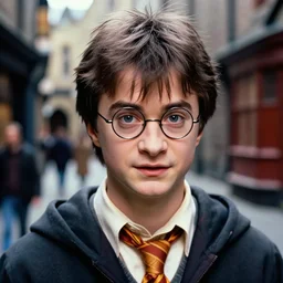 closeup portrait Harry Potter in a diagon alley, by Steve McCurry and David Lazar, natural light, detailed face, CANON Eos C300, ƒ1.8, 35mm, 8K, medium-format print