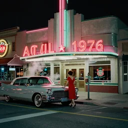 color street view in america of market district at night. woman in red dress entering a cadillac parked outside an art deco casino, from 1 9 7 6, california. scorsese, wes anderson, kodachrome, fred herzog. small steam from vents lit by neon signs. 1 0 0 mm lens. detailed sharp photograph shot on hasselblad medium format cinestill film