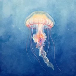 a realist watercolor painting of a beautiful jellyfish swimming underwater, trending on artstation, in the style of joseph zbukvic