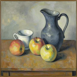 still life with apples cup and pitcher by paul cezanne,