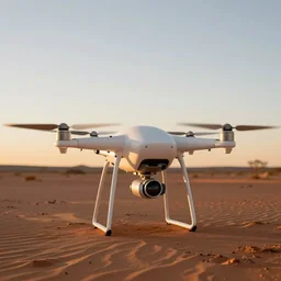 sleek white industrial drone, with googly eyes, for monitoring the australian desert,  XF IQ4, 150MP, 50mm, F1.4, ISO 200, 1/160s, dawn, golden ratio, rule of thirds