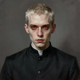portrait painting of a badass young pale man with red eyes wearing a black cassock, ultra realistic, concept art, intricate details, eerie, highly detailed, photorealistic, octane render, 8 k, unreal engine. art by artgerm and greg rutkowski and charlie bowater and magali villeneuve and alphonse mucha