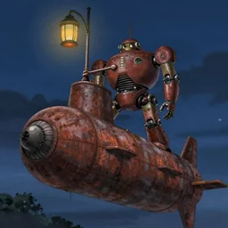 memorable animation key shot, anime movie, nighttime, climbing up the rusty robot submarine schwerer gustav!!!!, midnight, dim lanterns, paint drip, illustration by craig mullins, dean cornwell, nc wyeth, ilya repin