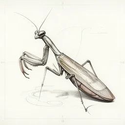 a full page cad drawing by leonardo da vinci of a praying mantis, cosmic energy wires, surreal, deconstructed, flat, impossible geometry, ink on paper, scientific, very detailed labeling, measurements, contours, super smooth lines, clean edges, smooth details, 8 k uhd, peter mohrbacher, moebius h 7 6 8