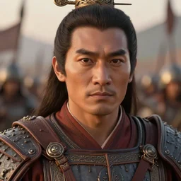 close - up portrait photo of a smart tai warlord in a battle scene, detailed eyes, historical hero, ethnic group, tai costume, intricate, with leather armor, elegant, loin cloth, highly detailed, artstation, concept art, matte, sharp focus, illustration, hearthstone, shallow depth of field, photorealistic, cinematic lighting, lovely bokeh, warm colours, dusk