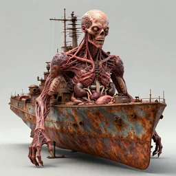 technobiological rusty warship consisting of tumors, veins, meat, kidneys, entrails, guts, skin, blood, eyes, teeth. biopunk art by hermann nitsch, dariusz zawadzki. bodyhorror, high detail, photorealism, full length view, very rust, concept art, octane render, cgsociety