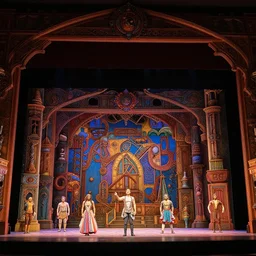 photo of a huge theaterstage, play is la aida, 3 actors on stage, 8 k, multicolored, exaggerated detailed, long shot