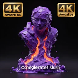 3D statue!!!, purple shattered paint!, glowing lava!!!, (((conglomerate!, slush)), abstract!, black backdrop!, 4k!, award-winning photo!!!!
