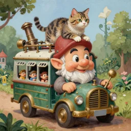 matte sharp painting, close - up of a garden gnome driving a steampunk bus, a cat is holding onto the roof, juxtapoz, artforum, gary baseman, preston blair, tex avery, dan mumford, pedro correa