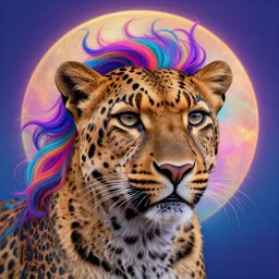 a colorful closeup portrait of an amur leopard dreamy vibes floating head and dreaming psychedelic hair. halo behind his head. trending on artstation. by peter mohrbacher and moebius and alex ross. intricate detail. hyperrealistic. photorealism. 8 k. flat design