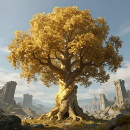 Huge old oak with golden small leaves and a slightly ethereal golden trunk called yggdrasil stand against the background of the ruins of the destroyed ancient Viking city 8k resolution hyperdetailed trending on Artstation matte painting