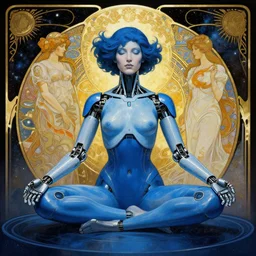 a blue cybernetic woman with mechanical arms meditating over a pool of outer space, by alexandros pyromallis, rutkowski, artgerm, alphonse mucha