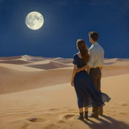 a storybook illustration of a couple looking out over a vast moonlit desert painted by Edward Hopper masterpiece, intricate, elegant, fantasy, highly detailed, digital painting, concept art, sharp focus, artstation