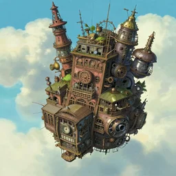 a flying steampunk city, natural lighting, playful color scheme, intricate details, matte painting, illustration, by hayao miyazaki