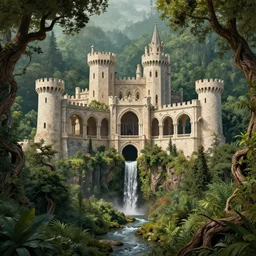 a massive castle, arches adorned pillars, towers, archways, gnarly trees, lush vegetation, forrest,  a small stream runs beneath the waterfall, landscape, raphael lacoste, eddie mendoza, alex ross, concept art, matte painting, highly detailed, rule of thirds, dynamic lighting, cinematic, detailed, denoised, centerd