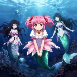 a underwater scene with malevolent mermaids in the style of puella magi madoka magica