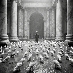 movie still of a gigantic marble hall flooded with doves, cinestill 8 0 0 t black and white, by andrei tarkovsky, by piranesi, by magritte very heavy grain, high quality, high detail, ultra wide lens, sharpness, flares, anamorphic, foggy, mud, rain