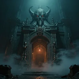cinematic mid shot artwork of the entrance to the temple of cthulhu, dark ambience, lovecraftian colors, trending on artstation, fog, 4 k, masterpiece
