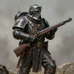 detailed vintage photo of a ww 1 heavily armored dwarven soldier holding a double barreled heavy rifle in the style of dark fantasy art in the style of high fantasy art trending on artstation deviantart pinterest detailed high resolution hd 8 k