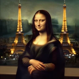 mona lisa visiting the eiffel tower at night, photorealistic, realistic, ultra detailed, unreal engine