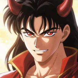 Character art of Devilman by Go Nagai, art by Ayami Kojima, red eyes, demon, sharp teeth