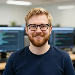 3 0 year old male software developer, blonde hair, 3 beard, black rim glasses, friendly