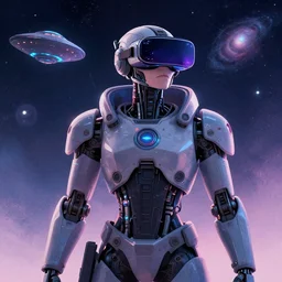 cyberpunk concept cool warrior bot, night background, cinema 4 d, galaxy, ufo, space sci - fi, wearing vr goggles, illustration, portrait, pastel neon textured background night, trending on artstation, greg rutkowski, octane rendered, 1 2 k, detailed,