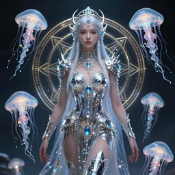 a centered render of a wild post apocalyptic goddess with wearing ornate silver and gemstones and crystal clothing surrounded by flowing liquid gallium jellyfish and sacred geometry, perfect body and face, gorgeous, cinematic, beautifully lit, by tomasz alen kopera and peter mohrbacher and craig mullins, 3 d, trending on artstation, octane render, 8 k