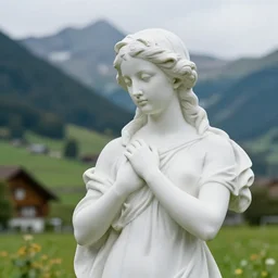 a beautiful girl made out of white statue with switzerland in the background