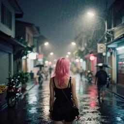 street of hanoi, photography, night, rain, mist, a girl with pink hair, cinestill 8 0 0 t, in the style of william eggleston