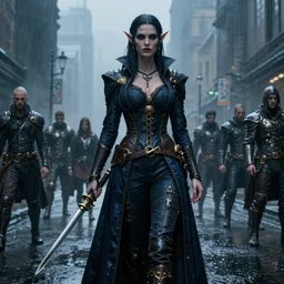 a realistic detail of a beautiful dark elf huntress dress suit in steampunk city, raining, mist by Julian calle, wlop, Beksiński, Dylan cole, Erak note, Denis Villeneuve, Ben Nicholas, Anton Fadeev, thomas kinkade, rutkowski, Finnian MacManus, Syd Mead, goth Trending on artstation, blue and black scheme, 8k, Unreal Engine